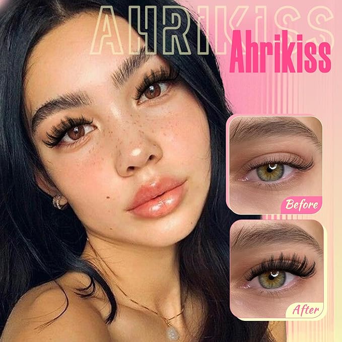 Ahrikiss Russian Lashes Clear Band False Eyelashes Wispy Natural Look, D Curl Fake Strip Eye Lashes Faux Mink Fluffy Eyelashes 10 Pairs Pack(R1)