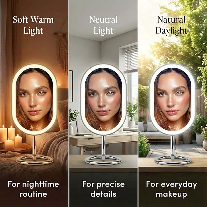Fancii Vera LED Lighted Vanity Makeup Mirror, Rechargeable - Cordless Illuminated Cosmetic Mirror with 3 Dimmable Light Settings, Dual Magnification (Chrome)