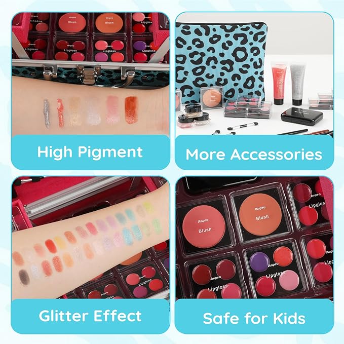 Anpro All-In-One Leopord Double Folding Makeup Carry Case with Pro Teen Makeup Set, Full Starter Kit with Makeup Brushes, Lipsticks, Eyeshadow Palette, Blushes, Glitter Gel, Ideal Present for Girls