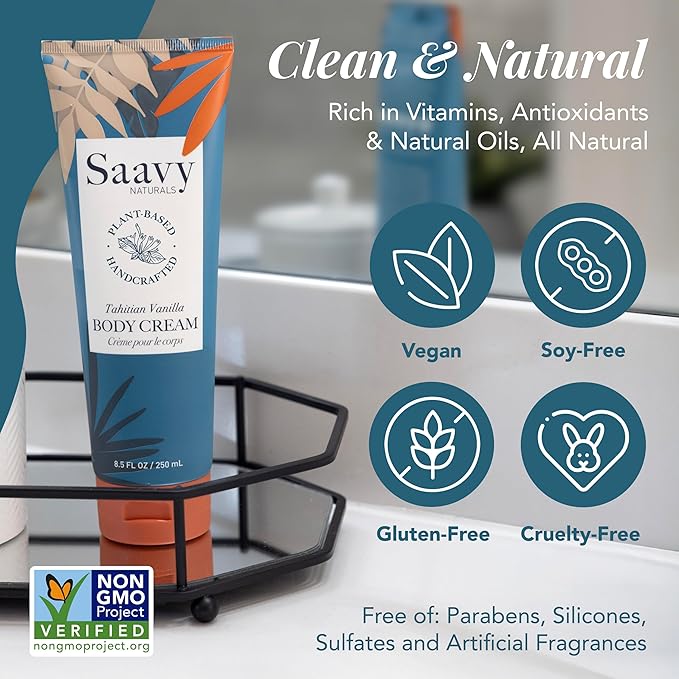 Body Cream Tahitian Vanilla Saavy Naturals, Clean Plant-Based Ingredients-Made In USA - Absorbent Shea Butter Vegan, Thick and Creamy Body Moisturizer, Body Lotion for Dry Skin- 8.5 Fl Oz