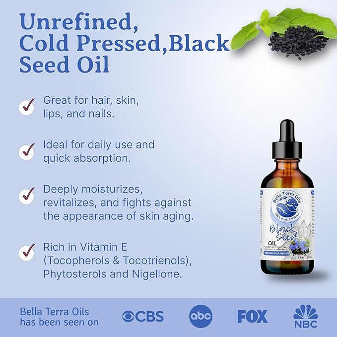 Bella Terra Oils - Black Seed Oil 2oz - Celebrating Black Cumin's Nutritional Legacy, Infused with Gamma Linoleic Acid, A Premium Cosmetic Companion