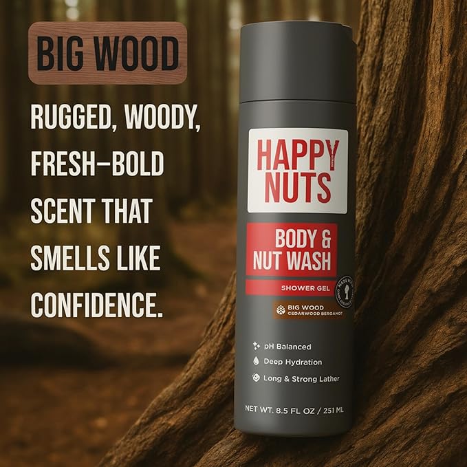 HAPPY NUTS Big Wood Body and Nut Wash - Moisturizing Men's Shower Gel, Natural Bodywash with Deep Cleanse for Sensitive Skin - Men's Body Soap (8.5 Fl Oz (Pack of 1), Big Wood)
