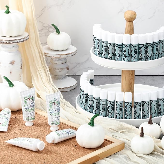 144 Pcs Fall Pumpkin Lip Balm Hand Cream Set Party Favors, Include 36 Blue Pumpkin Lip Balm 36 Moisturizing Hand Cream 36 Bags 36 Cards and Ropes for Autumn Accessories Gifts