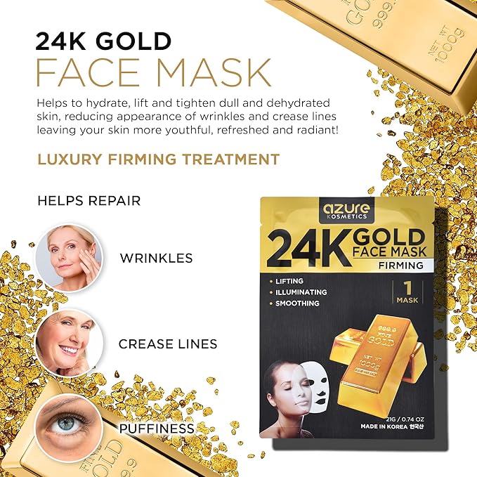 Azure Cosmetics 24K Gold Firming Face Mask- Anti Aging, Hydrating, Toning & Firming Facial Sheet - Helps Reduce Wrinkles & Fine Lines - With Hyaluronic Acid & Collagen - Made in Korea - Pack of 5