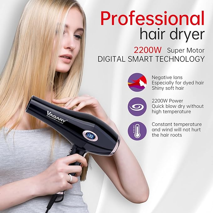 VAGARY Professional Salon 2200W Blower Dryer with Diffuser Concentrator Nozzles,Negative Ionic Blow Dryer,Low Noise Hair Dryers,2 Speeds and 2 Heat Settings 1 Cool Shot Button