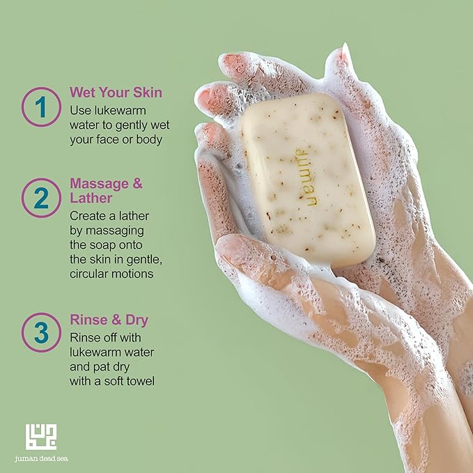 JUMAN Dead Sea Minerals Exfoliating Bar Soap | SLS & Paraben Free | Infused with Plant Extracts | Vitamin E | Removes Dirt and Oil | Daily Use Bar | 4oz (Pack of 1)