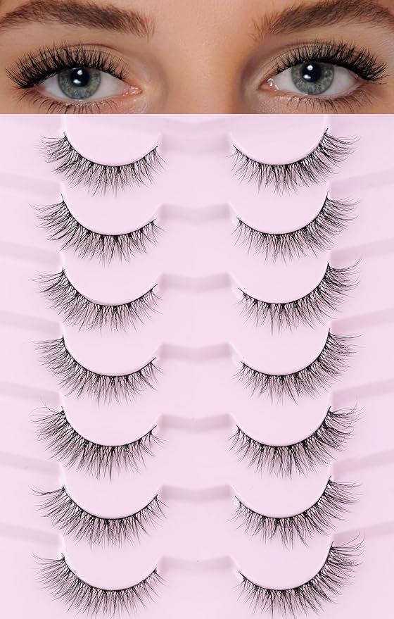 Natural Cat Eye Lashes False Eyelashes Natural 12mm Wispy Eyelashes with Thin Band 3D Volume False Lashes Soft Eye Lashes Pack C Curl Natural Eyelashes Fake Lashes 7 Pair EVENTILL