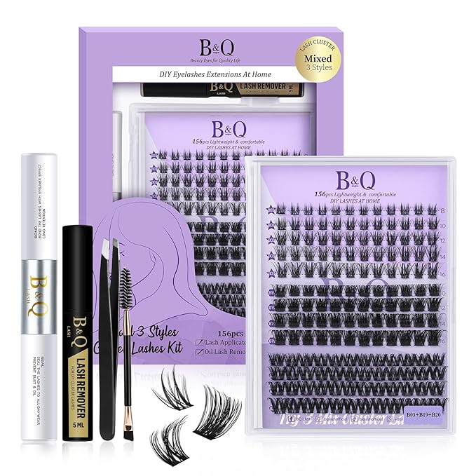 Lash Clusters Kit B03+B19+B20 Eyelash Extension Kit B&Qaugen DIY Lash Extension Kit 156 PCS Lash Clusters 8-18mm Cluster with Lash Bond and Seal Lash Applicator Tool (Kit,Equuleus)