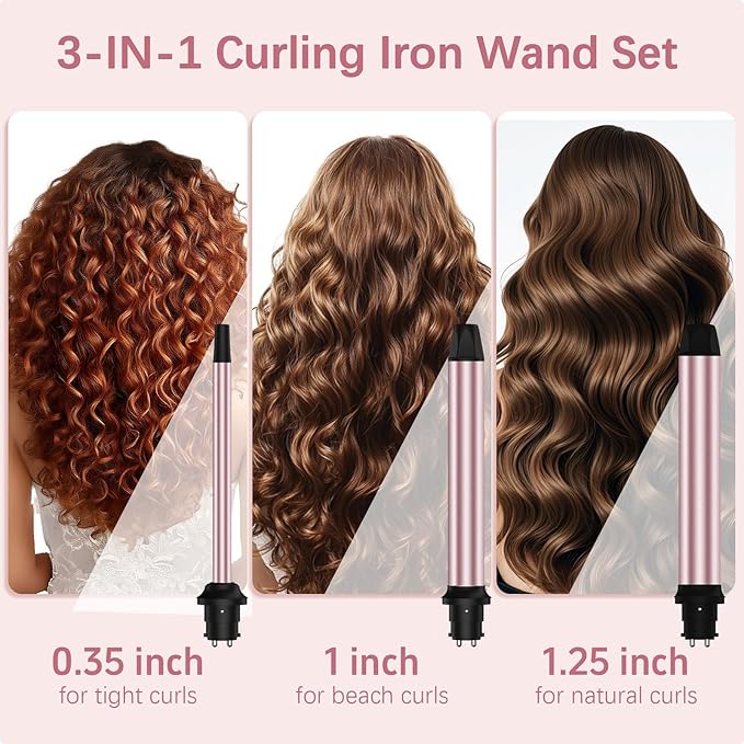 Wand Curling Iron Set, 3 in 1 Curling Iron with Interchangeable Barrels (0.35", 1", 1.25") for Versatile Curls, Fast Heating Curling Wand Hair Waver, Crimper Hair Tool Ideal for Gifts