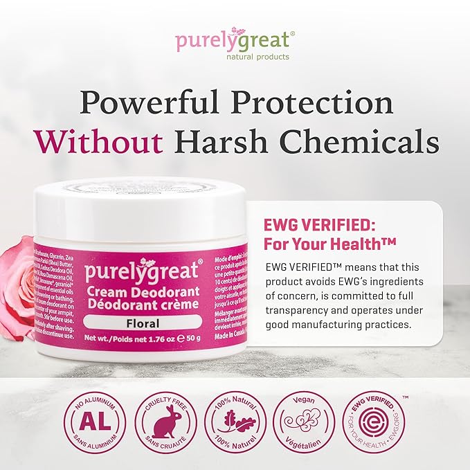Purelygreat - Floral Scent Cream Deodorant, Chemical-Free Hygiene Essentials for Women, Natural Deodorant for Men with Soda & Corn Starch, No Sticky Residue, Parabens & BPA, 1.76 oz / 50 g