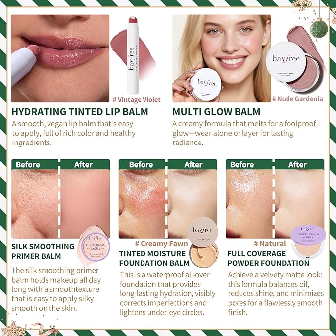 bayfree Original Kit Gifts Set For Women, 5 PCS Natural Finish Travel Makeup Kit for Adult Women & Beginners, Korean Make Up Set Foundation Face Primer Lipstick Powder Multi Glow Balm with Makeup Bag