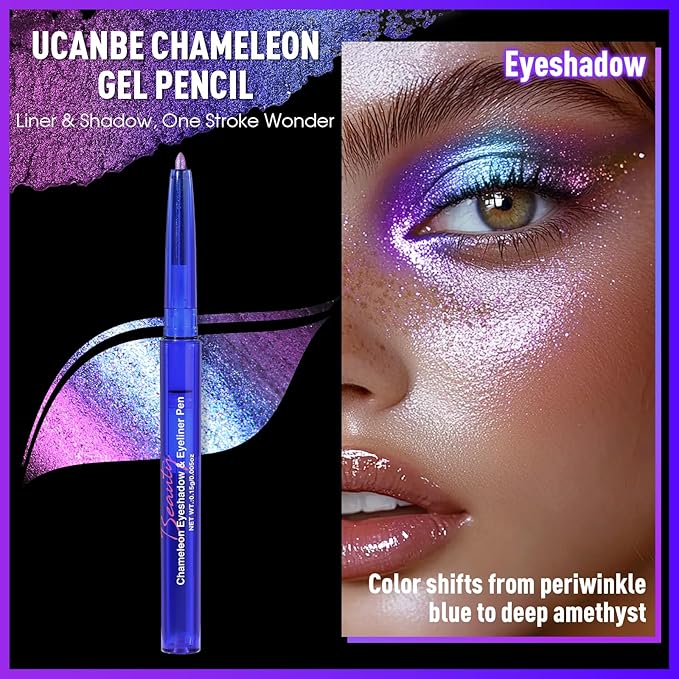 UCANBE Chameleon Eyeshadow & Eyeliner Gel Pencil-Multichrome Shifting Colors Metallic Glitter Eye Makeup,Waterproof Long-Lasting Smudge-Proof Multi-Dimensional Color (Periwinkle Blue to Deep Amethyst)