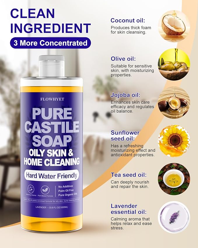 Pure Castile Soap Liquid Lavender 33 fl oz – Natural & Vegan Body Wash for Oily & Sensitive Skin, Hard Water Friendly Bath Soap Liquid for Body,Face, Laundry Soap & Home Cleaning