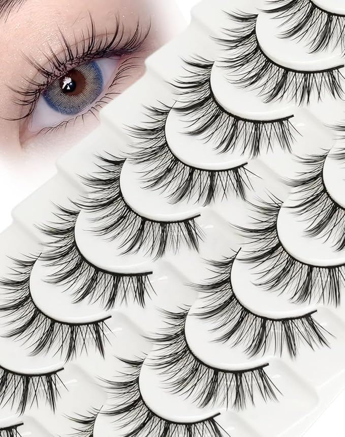Manga Lashes Spiky False Eyelashes - Wispy Anime Natural Look False Eyelashes Cotton Band Strip Lashes 10 Pairs Cosplay Asian D Curl Fake Lashes by EMEDA(14mm #02)