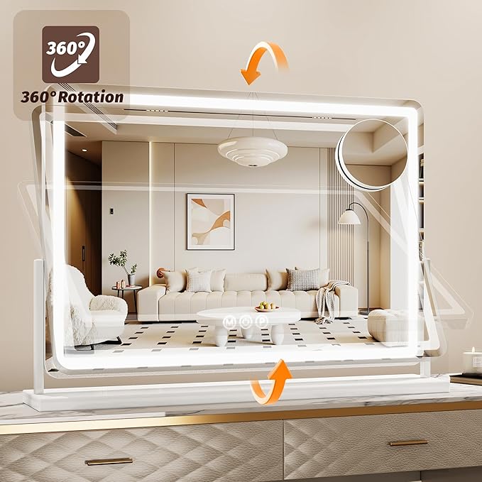 Vanity Mirror with Lights, 32"x22" Hollywood Lighted Makeup Mirror for Tabletop & Bedroom 3 Color Lighting Modes Smart Touch Control 360° Rotation Detachable