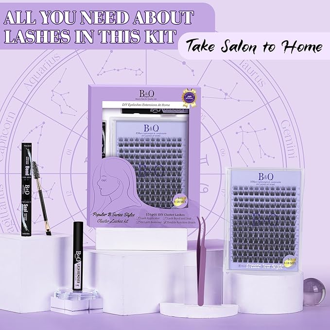 Lash Extension Kit B01 Eyelash Extension Kit B&Qaugen DIY Lash Extension Kit 156 PCS Lash Clusters 8-18mm Cluster Eyelash Extensions Kit with Lash Bond and Seal Lash Applicator Tool (Kit,B01)