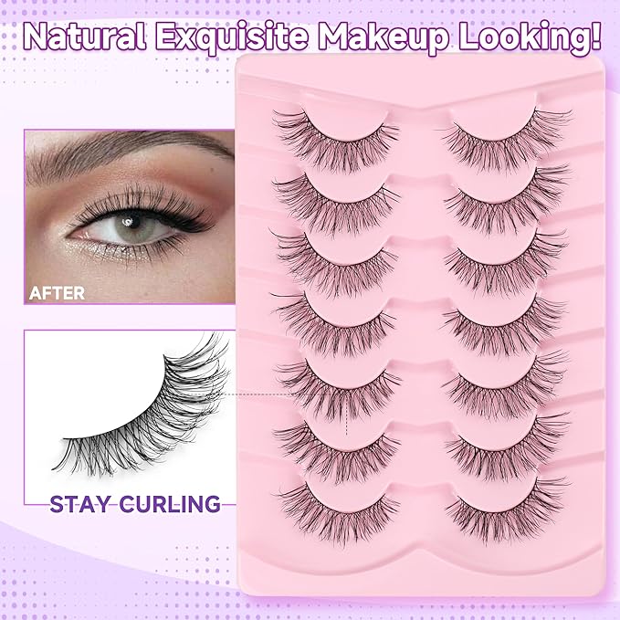 Lashes False Eyelashes Natural Cat Eye Lashes 13mm Wispy Eyelash Thin Memory Band Volume Wispy Lash Strips C Curl Fake Eyelashes 7 Pair EVENTILL