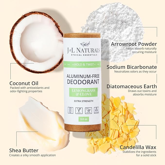 J&L Naturals Aluminum Free Deodorant for Men & Women | 100% Natural Ingredients With Coconut Oil, Shea Butter, & Essential Oils | Sustainable, Eco-Friendly (Lemongrass & Clove, 3.0 Oz (Pack of 2))