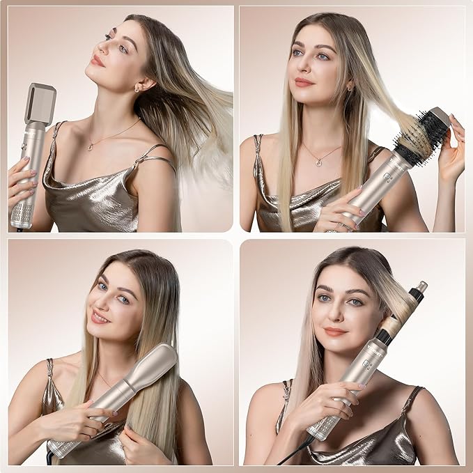 6 in 1 Hair Dryer Brush 60000RPM Blow Dryer Brush Upgrade Multi Hair Styling Tools Powerful Blow Out Auto Wrap Curlers Hot Air Brush Curling Wand Straightener Volumizer (Champagne Silver)
