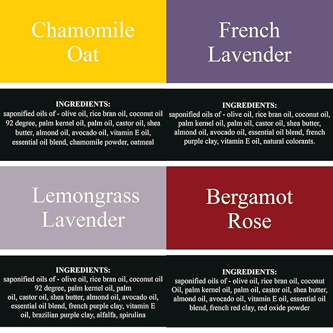 Traverse Bay Bath and Body Natural Cold Process Soap Floral 4-Bar Variety Pack, Chamomile Oat, French Lavender, Lemongrass Lavender, Bergamot Rose 5.5 oz Each, 22+ oz Total
