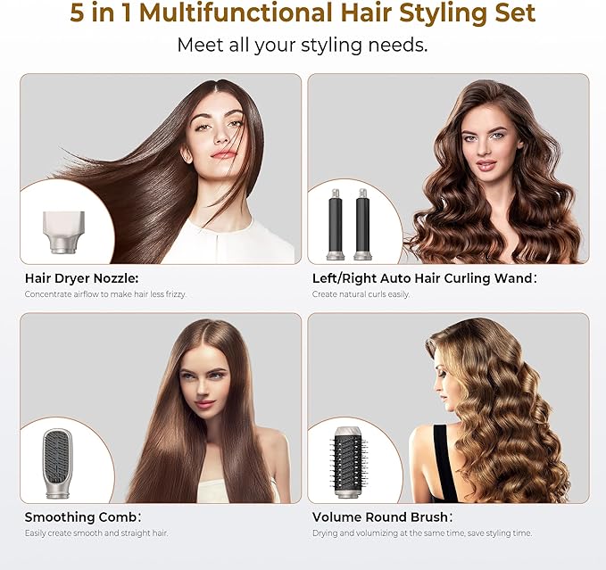 5 in 1 Blow Dryer Brush,Hair Dryer Brush with Detachable Air Styler,Negative Ionic Magic Hair Styler,Hot Air Brush for Women Volumizer,Straightener,Drying