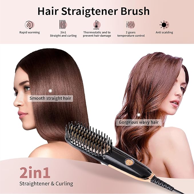 Mini Hair Straightening Iron with Built-in Comb for Travel, Portable Hair Straightener Brush, Ionic Hot Comb Straightener for Women (Black)
