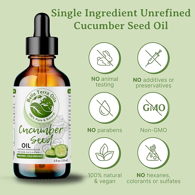 Bella Terra Oils - Cucumber Seed Oil 8 oz - Harness the Potent Nutritional Profile of Cucumber, Loaded with Vitamin K & Biotin, Luminous Skin Beckons