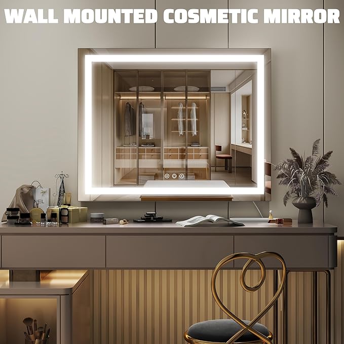 HNV 22.8"x18" Lighted Makeup Mirror with 10X Magnification, LED Vanity Mirror with 3-Color Dimmable Touch Control, Tabletop or Wall-Mounted Makeup Mirror, White