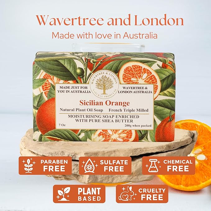 Wavertree & London Sicilian Orange Scented Natural Soap Bar, 7oz Moisturizing French Triple Milled Soap Bar for Women & Men Enriched with Organic Shea Butter, Pure Bath & Body Soap (1 Bar)