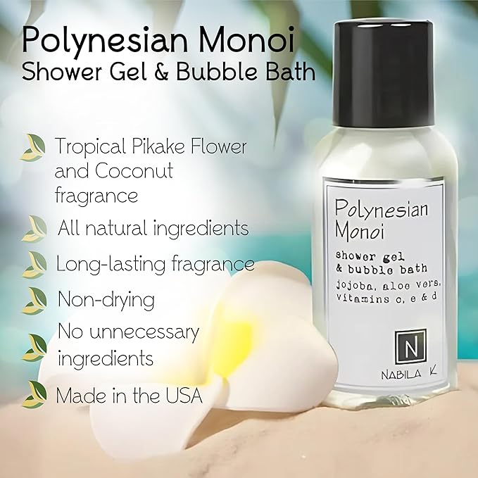 Nabila K Polynesian Monoi Shower Gel & Bubble Bath, 2.4 oz – Non-Drying Body Wash with Jojoba, Aloe Vera & Vitamins – Naturally-Derived, Sulfate-Free – Made in USA – For Men & Women