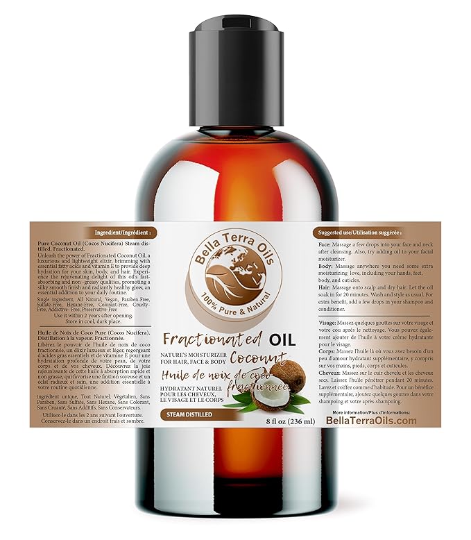 Bella Terra Oils - Organic Fractionated Coconut Oil 8oz - Celebrate the Coconut’s Liquid Gold, Infused with Antioxidants & Vitamins, A Precious Body Moisturizer