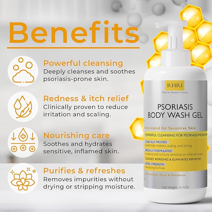 Body Wash | Psoriasis Treatment For Skin | Psoriasis Body Gel | Foaming Cleanser For Dry, Itchy, Red, Flaky, Scaly Skin w/Scrubber