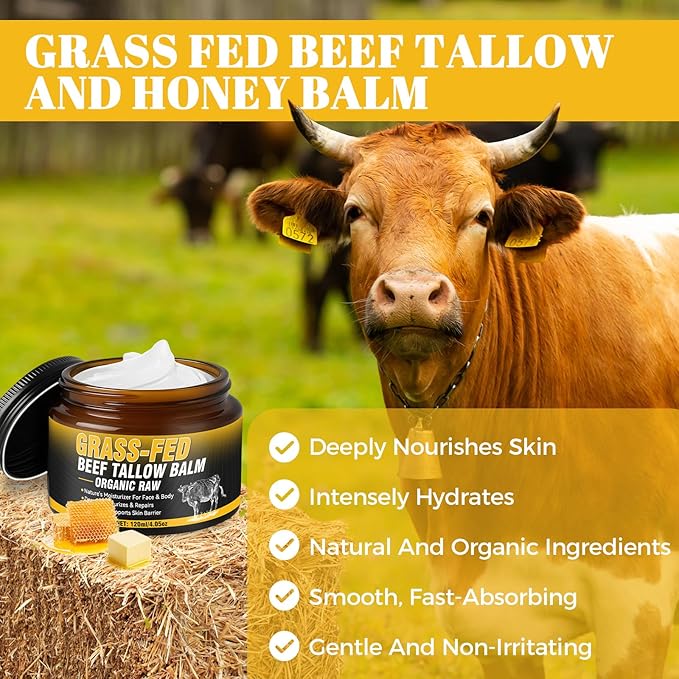 Beef Tallow for Skin Cream 120ml, Tallow And Honey Balm, Grass-Fed Whipped Tallow Face Moisturizer, Deep Nourishing for Face & Body, Suitable For All Skin Types