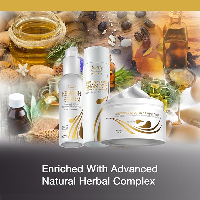 Vitamins Keratin Thick Hair Mask, Serum and Shampoo Kit - Deep Conditioner for Dry Damaged Thick Coarse Hair, Anti Frizz Gloss Boost Serum and Protein Shampoo Set - Pro Enhancing At-Home Hair Therapy
