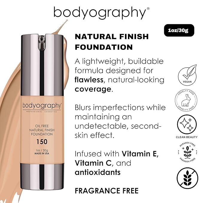 BODYOGRAPHY Natural Finish Foundation (Medium/Dark/Cool #220) | Oil-Free, Anti-Aging Salon Foundation with Vitamin E & C | Photo-Ready, Skin-Perfecting Coverage | Vegan, Gluten-Free, Paraben-Free