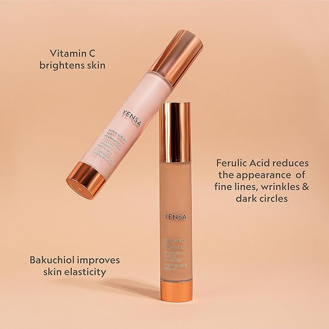 YENSA Serum Foundation Makeup - Super Silk Full Coverage Foundation Enriched with Peptides, Vitamin C & Ferulic Acid to Help Reduce Fine Lines, Wrinkles & Dark Circles - Fair 3 (1 oz)