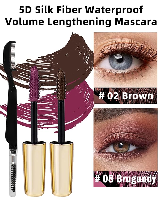Burgundy Brown Mascara Waterproof, Volume and Length Volumizing Colored Mascara for Eyelashes, Long Lasting Smudge-proof Lengthening Curling Define Eye Lash Tube Máscara with Fiber for Women
