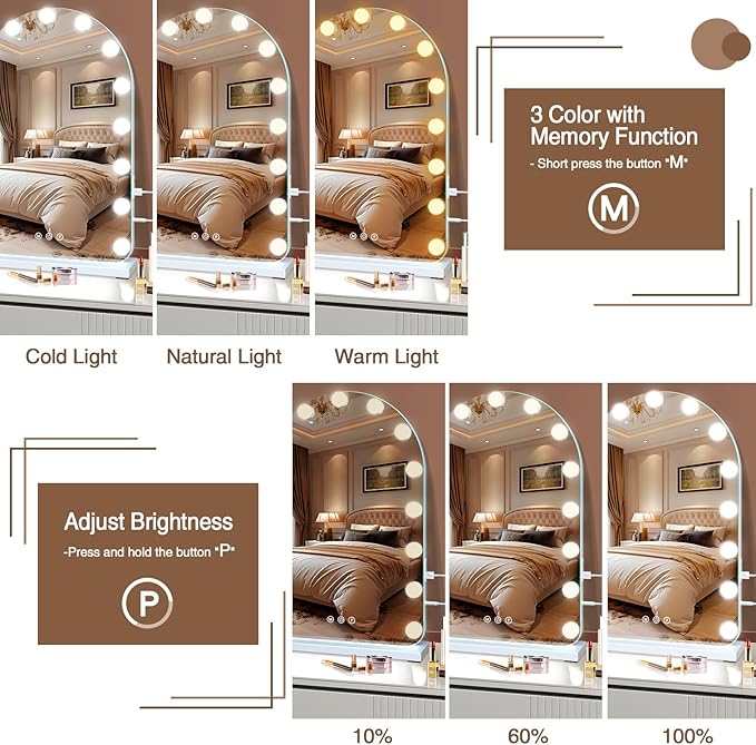 Vanity Mirror with Lights, Hollywood Lighted Makeup Mirror with 15 Dimmable LED Bulbs for Dressing Room & Bedroom，Memory Function