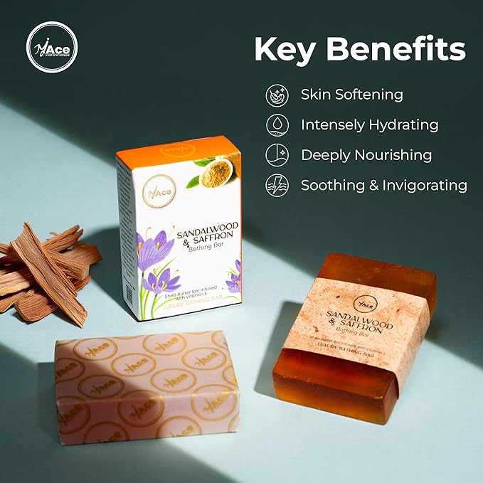 MY ACE Sandalwood & Saffron Bathing Bar – Handmade with Sandalwood & Saffron Extracts & Coconut Oil, SLES & Paraben Free, Enriched with Shea Butter & Vitamin E – Brightening & Moisturizing