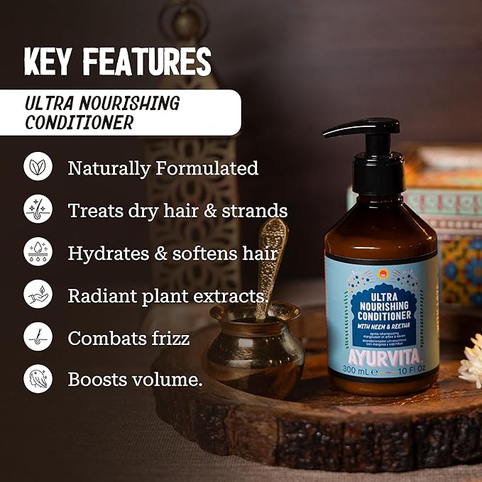 Ultra Nourishing Conditioner with Neem & Reetha - Gentle Daily Conditioning for All Hair Types - Nourishes Scalp and Roots - Natural, Plant-Based Ingredients - Ayurvedic Hair Care - 10 fl oz
