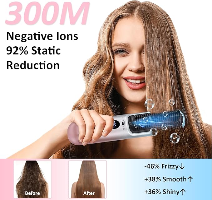 BEAUTYOVO Travel & TSA-Friendly Cordless Hair Straightener Brush - Professional Straightening Brush for On-The-Go | 65W Fast Charge in 30 Min | 6 Heat Settings & 300M Ions for Frizz-Free Salon Finish