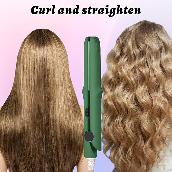 Dual Purpose Curling Wand and Straightener for Women and Girls, Long-Lasting Portable Hair Styler for All Hair Types (Green)