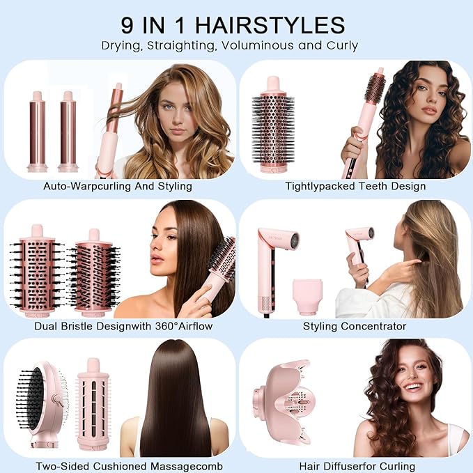 9 in 1 Hair Dryer Brush Set Wrap Air Hair Styler Curling Negative Ionic Foldable Hot Air Hair Brush, 110K RPM High Speed Hair Styling Tool for at Home Curling Waves Straightening Volume Blowout Styles
