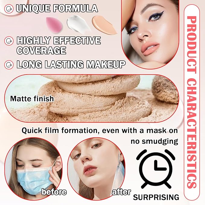 Color Changing Liquid Foundation & Full Coverage Concealer Foundation Face Primer Base Makeup Set,Moisturizing BB Cream & Loose Setting Face Powder with Makeup Sponge