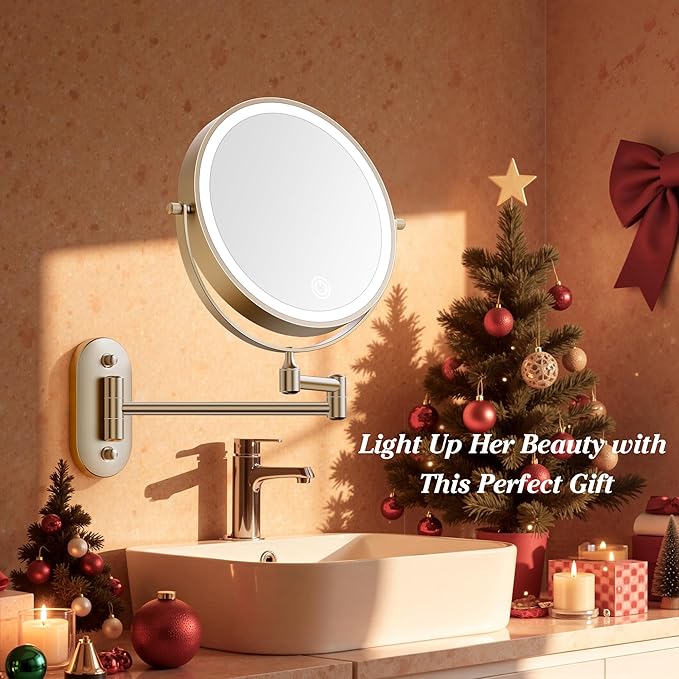 Auxmir 1X/30X Wall Mounted Lighted Makeup Mirror, 8" 3200 mAh Rechargeable Double-Sided Magnifying Mirror, Touch Dimmable 3 Color Lights, 360° Rotating Foldable 14.5" Extension Arm, Brushed Nickel