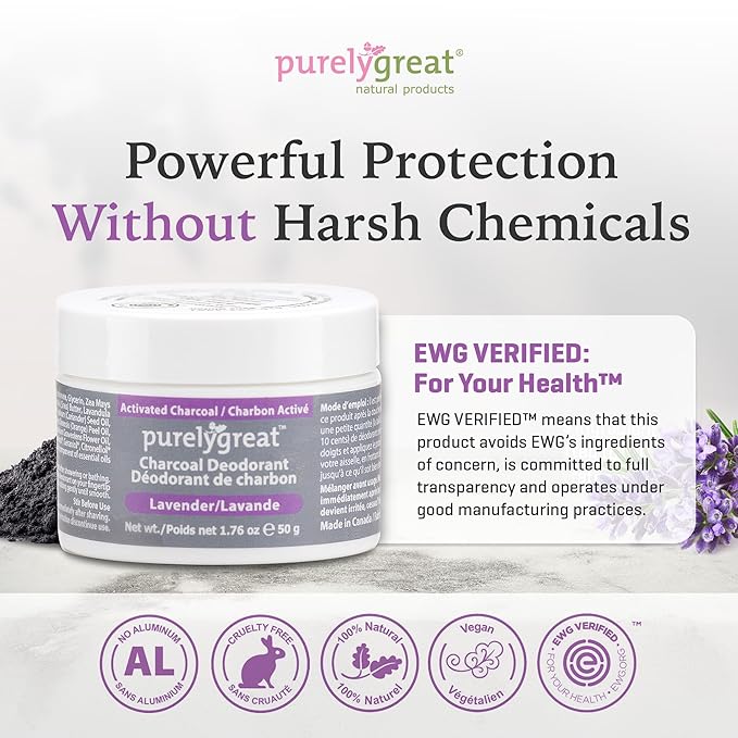 Purelygreat - Lavender Scented Charcoal Deodorant Cream, Chemical-Free Hygiene Essentials for Women, Natural Deodorant for Men Made with Activated Charcoal, Soda & Essential Oils, 1.76 oz / 50 g