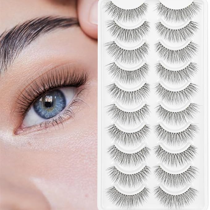 False Eyelashes Natural Lashes Wispy - 12mm Pestañas Postizas Naturales Cat Eye Reusable 10 Pairs Demi Wispies Short Fake Lashes Strips with 0.1mm Ultra Thin Clear Band by EMEDA (X42)