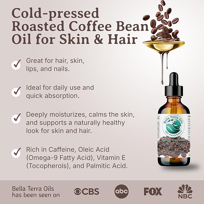 Bella Terra Oils - Roasted Coffee Bean Oil 8 oz - Celebrate the Pure Coffee Oils Essence, Packed with Vitamin E, Perfect for a Nourishing Skin Experience