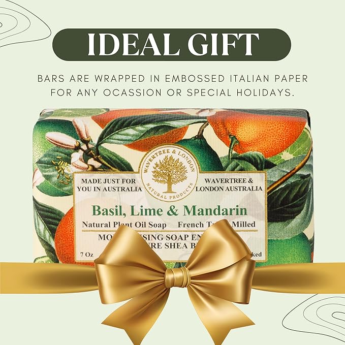 Wavertree & London Basil, Lime & Mandarin Scented Natural Soap (8 Bars), 7oz Moisturizing French Triple Milled Soap Bars enriched with shea butter - Pure Plant Oil Bath & Body Bars for All Skin Types