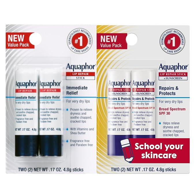 Aquaphor Lip Balm Set with Jojoba Oil and Shea Butter, Lip Repair Stick (2 x 0.17 Oz) + Repair Stick with Sunscreen SPF 30 (2 x 0.17 Oz), Fragrance Free, Paraben Free, Immediately Relieves Dryness